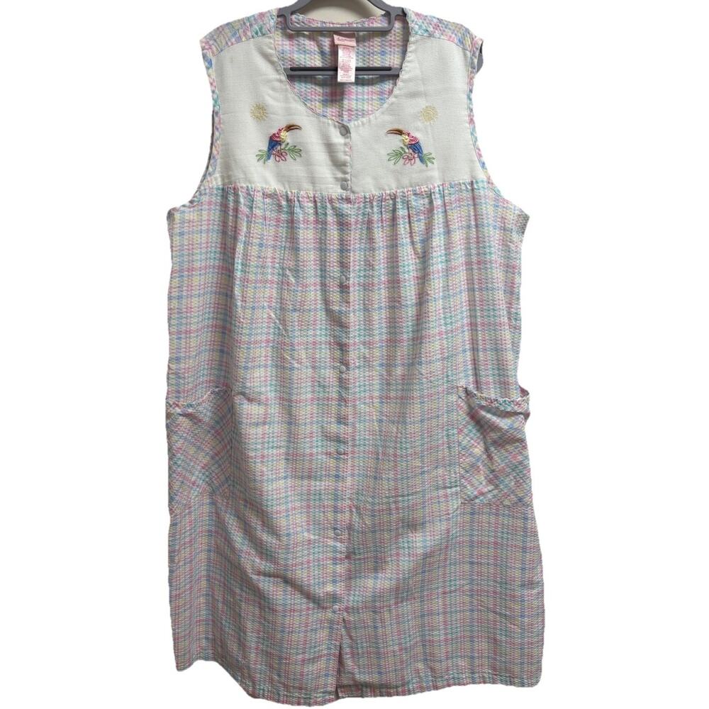 Vintage Secret Treasures Womens 2X Pastel Plaid Tucan Bird Embroidery Night Gown